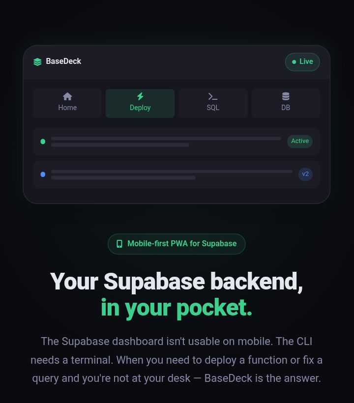 BaseDeck — Supabase backend management from your phone